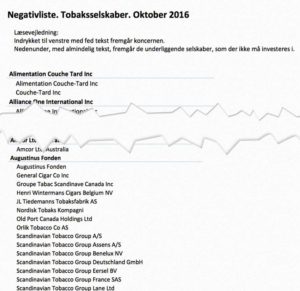 Københavns Kommune – negativliste, tobaksselskaber (oktober 2016)